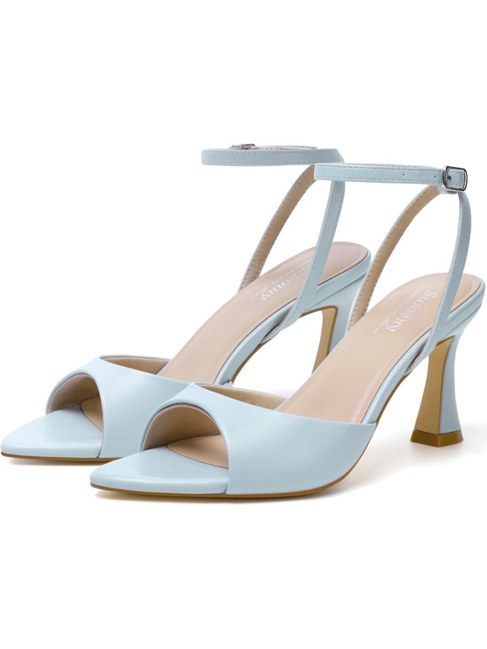 Women's Blue Pointed Open Toe Ankle Strap Chunky Block Sandals High Heels